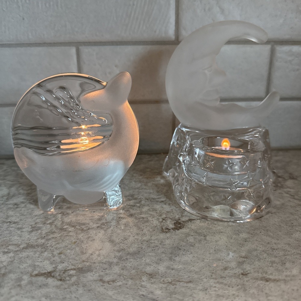 Set Of 2 Partylite Crescent Moon & Whale Frosted Glass Tea Light Holder Scuffs